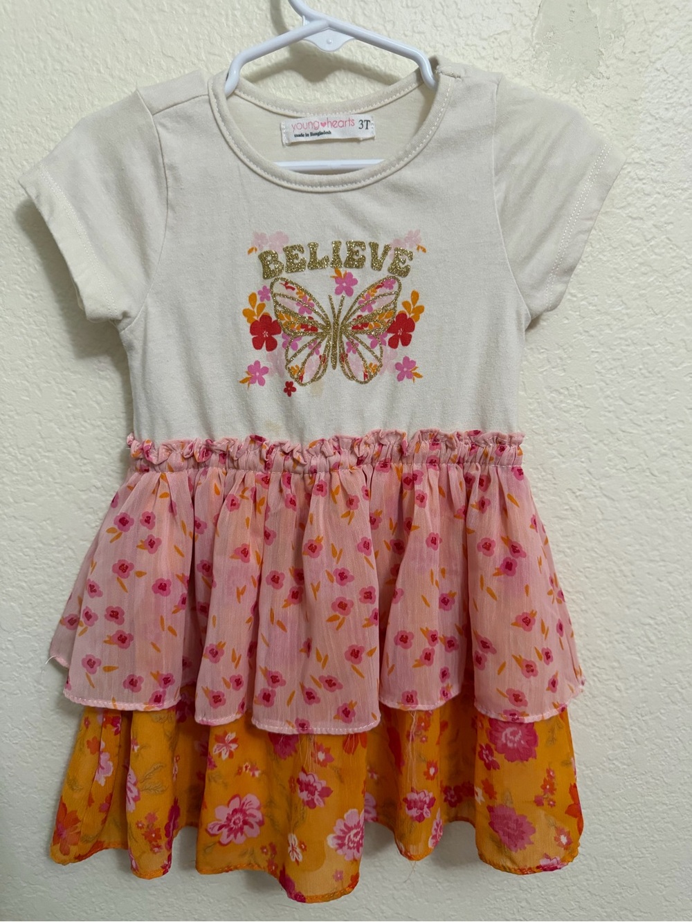 Young Hearts Girls Pink & Beige 'Believe' Butterfly Floral Tiered Dress